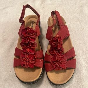Clarks Red Sandals with Floral Design